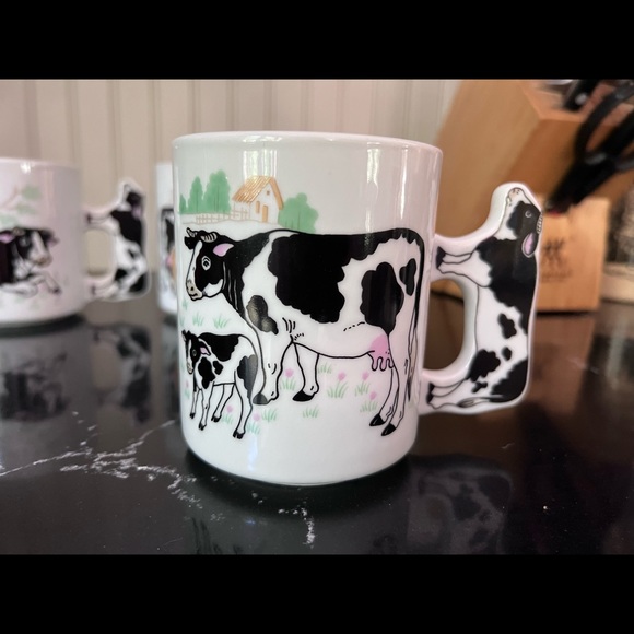 Set of 4 1990's Vintage cow mug with cow handle Holstein Friesian Sandra Rich - Picture 2 of 5